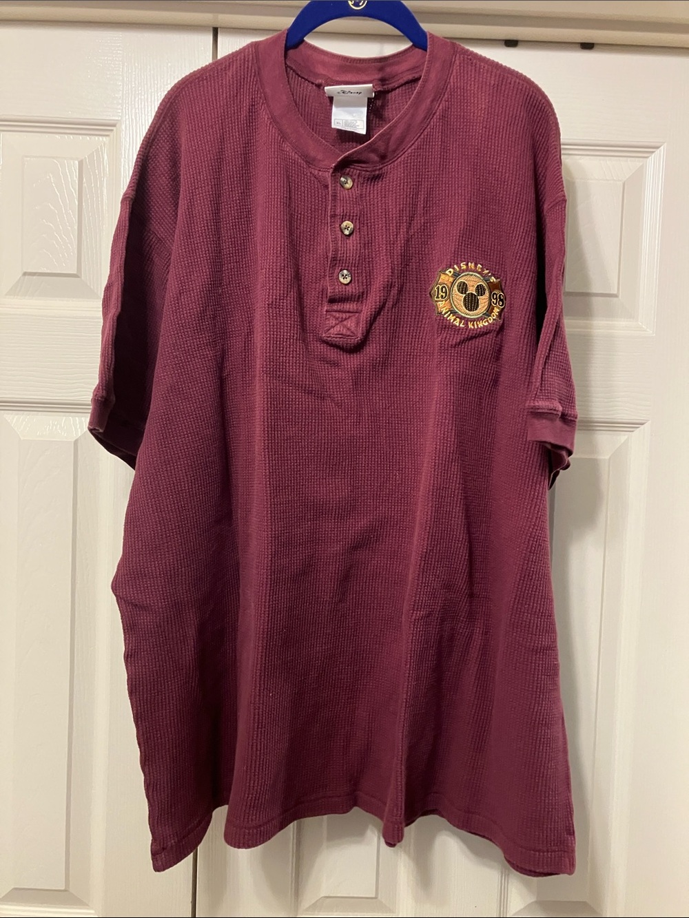Vintage 1998 Disney World Animal Kingdom Opening Burgundy Waffle-Knit Henley Tee